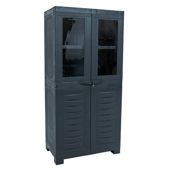Sunnydaze Lockable Adjustable 48.75" Plastic 3-Shelf Freestanding Garage Storage Cabinet, Charcoal