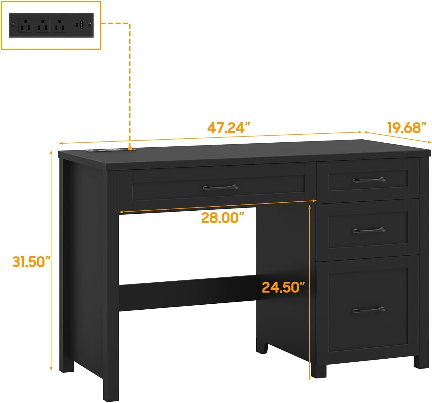 Conate 47" Executive Desk with File Cabinet and Drawers, Home Office Desk with Charging Station and Large Drawer, Workstation Table for Study