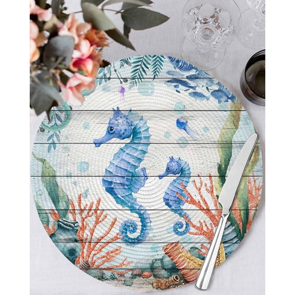 13 Inch Round Placemats Set of 6, Seahorse Coastal Non Slip Heat Insulation PP Table Mats, Summer Nautical Starfish Coral Grey Wooden Washable Place Mats for Kitchen Dining Party Table Decor