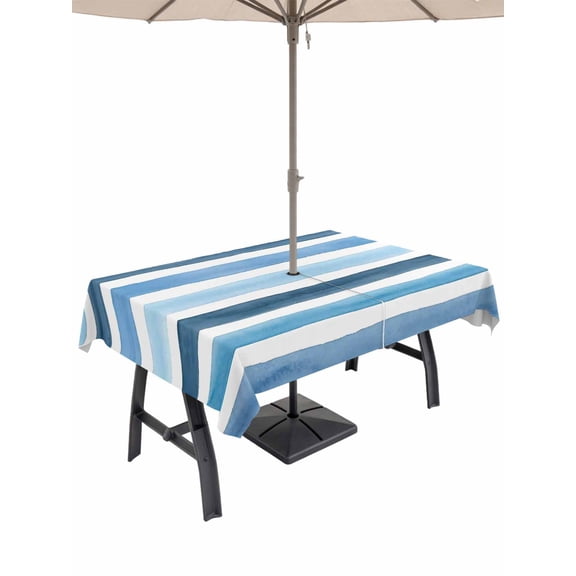 Outdoor Tablecloth with Umbrella Hole for Patio/Picnic/Party/Camping, Blue Striped Waterproof Table Cloth Rectangle Table Cover Washable, Farmhouse Stripes Modern Art (52"x 70")