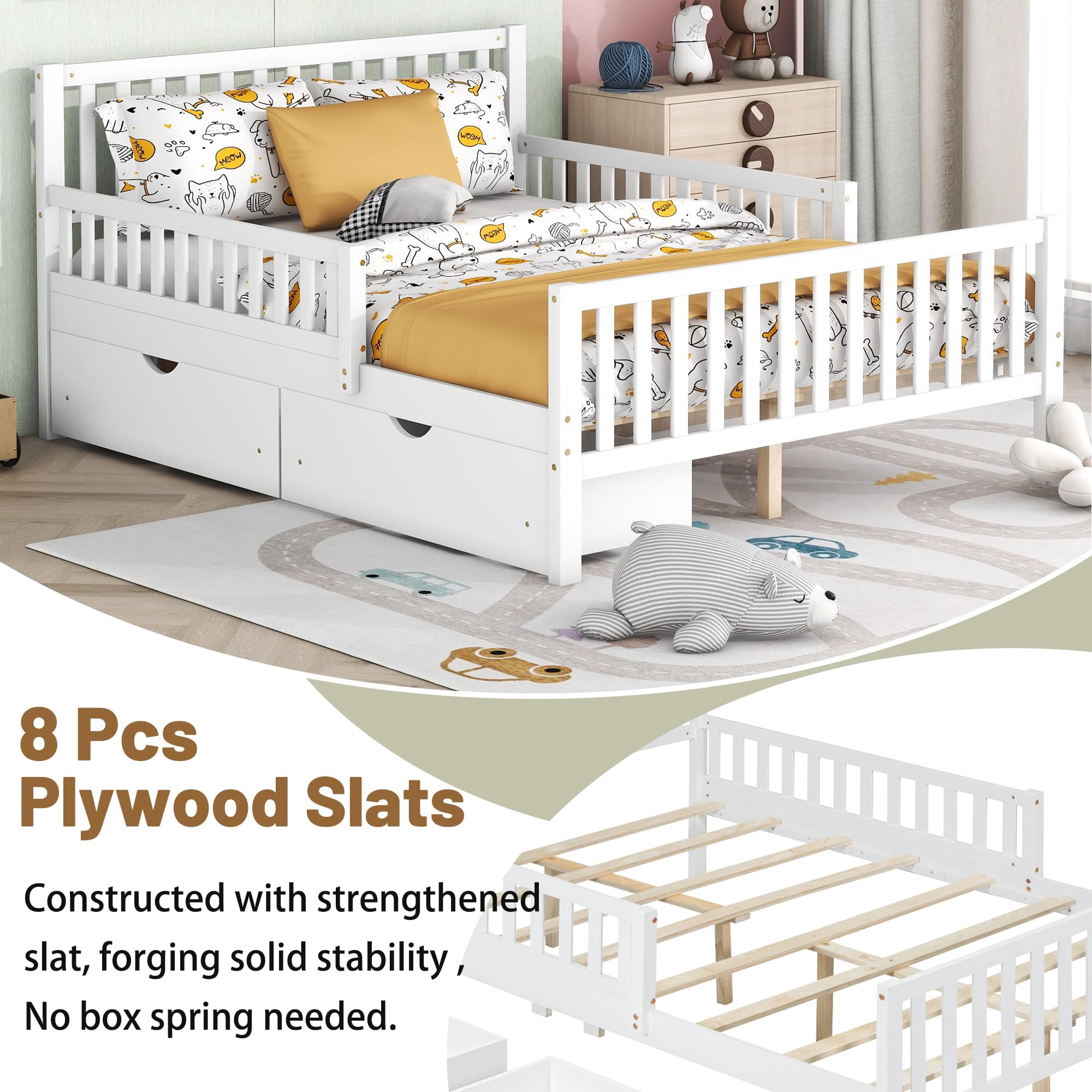 Mirightone Full Bed Frame, Wood Full Size Bed with Storage Drawers, Full Storage Bed with Guardrails on Both Sides . ( White)