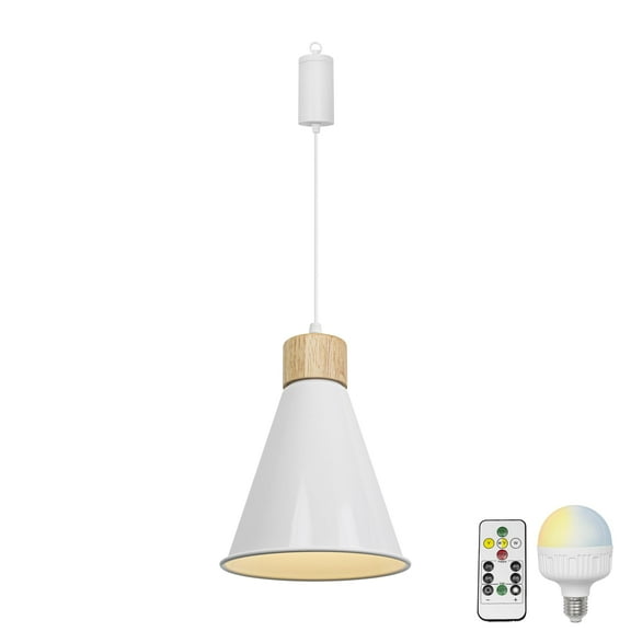 KAYYELAMP Brightness Adjusted Rechargeable Battery Remote LED Pendant Light Wood Base White Metal Shade Retro Design Adjustable Height Hanging Light for Kitchen Farmhouse
