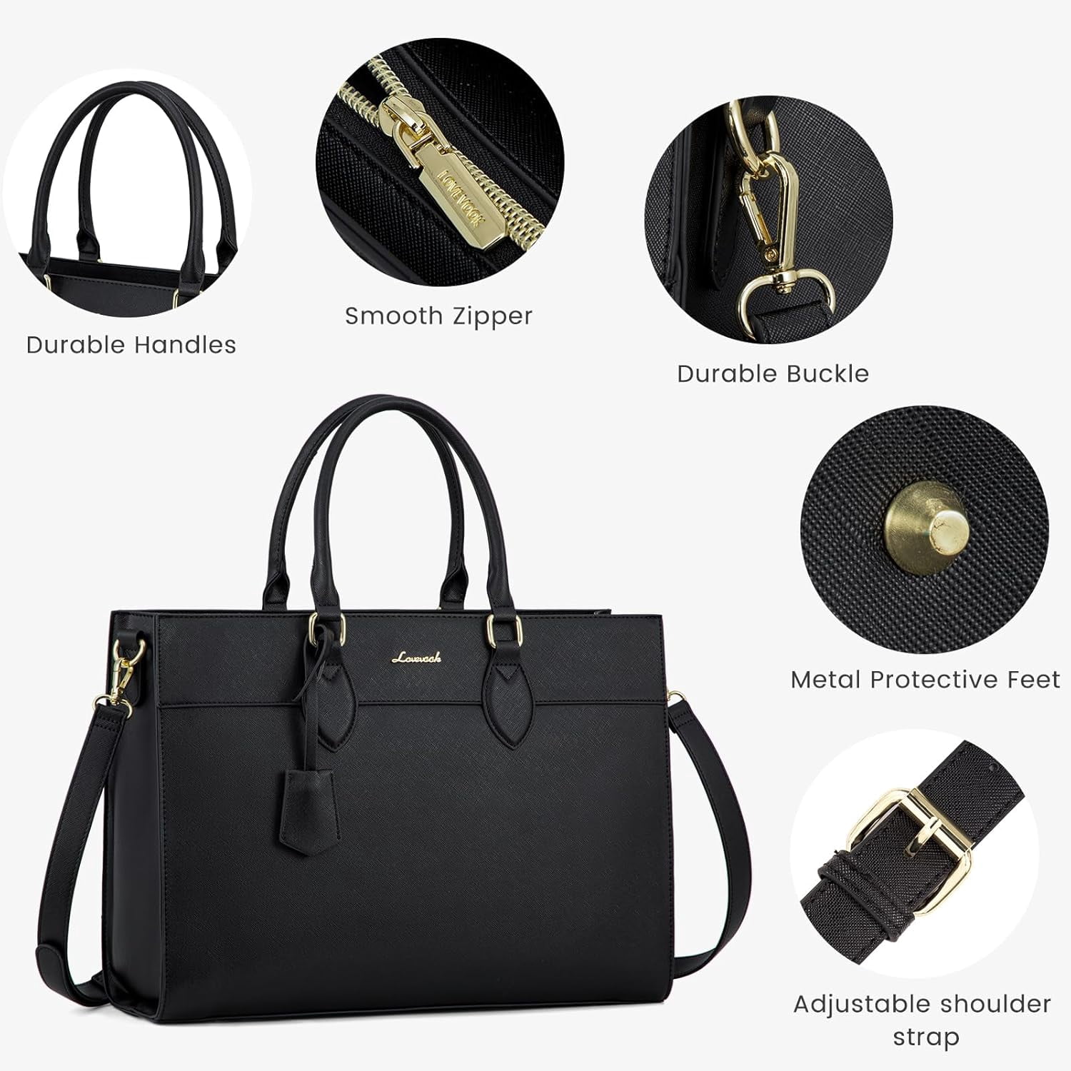 LOVEVOOK Laptop Bag for Women, 15.6 inch Laptop Tote Work Bag Purse, Large Waterproof Leather Computer Briefcase for Office, Beige-Black