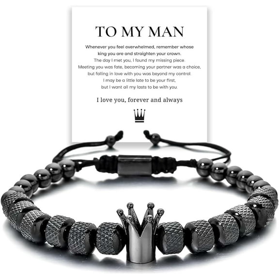 To My Man Bracelet - Straighten Your Crown Bracelet Gift Set, To My Boyfriend Husband Son Adjustable Stainless steel Crown Bead Bracelets for Men Boys Christmas Gifts Jewelry