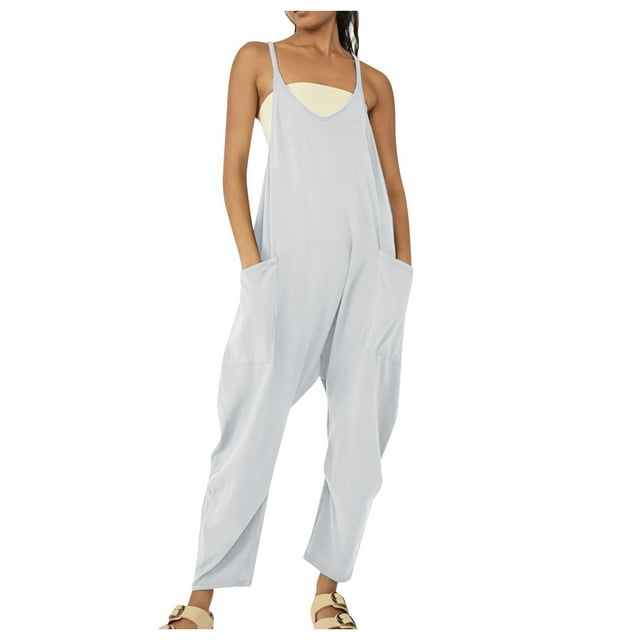 TrendOFT Womens Casual Summer Jumpsuit Fashion Yoga Square Neck Spaghetti Strap Rib Sleeveless Solid Athletic Womens Rompers One Piece Overalls Grey XXL