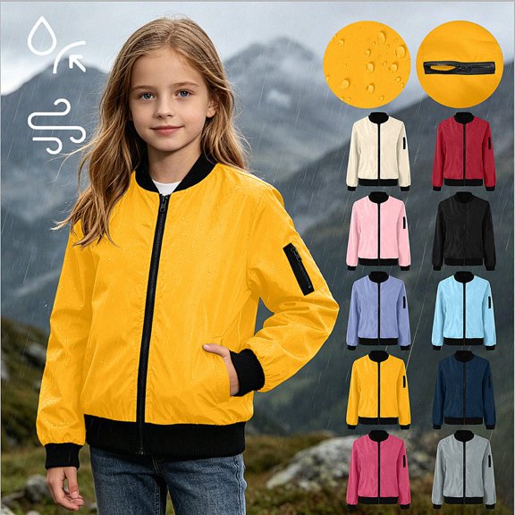 SGFCWSX Girls Bomber Jacket Zip Up Lightweight Water Resistant Pockets Casual Windbreaker Coat Yellow Size 9