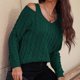 thumbnail image 4 of Suéter de punto con cuello en V para mujer, hombros descubiertos, manga larga, ajuste holgado, color puro, suéter informal OD verde L, 4 of 6