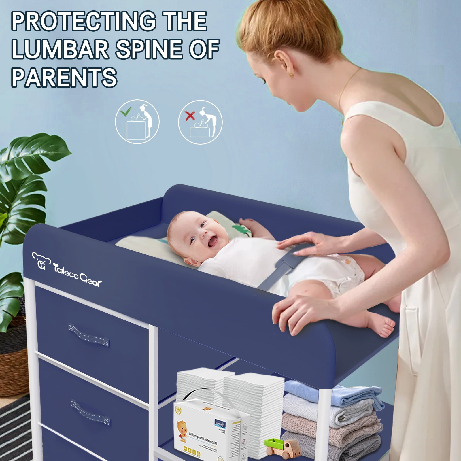 G TALECO GEAR Baby Changing Table, Portable Diaper Changing Station with Wheels, Nursery Organizer for Newborn and Infant, Blue