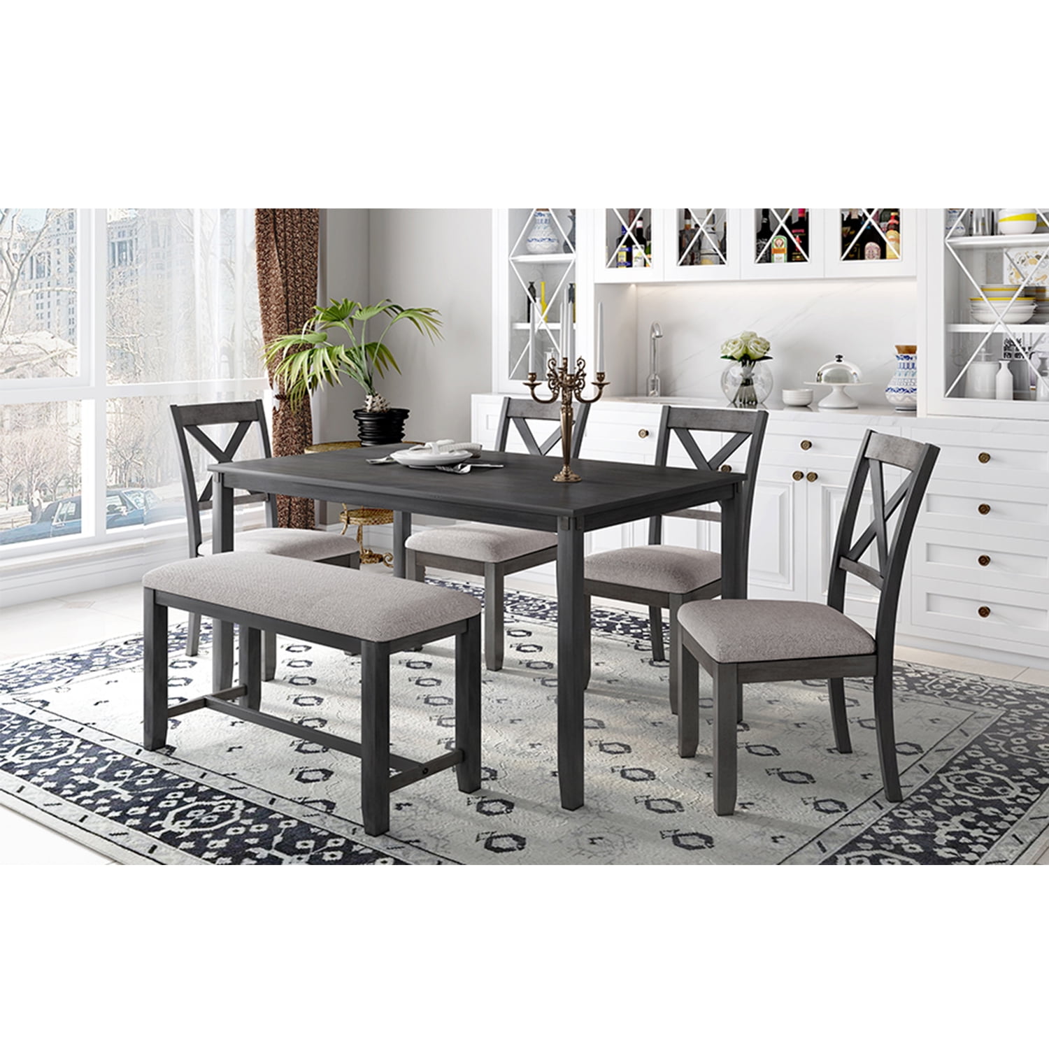 Kadyn 6-Piece Kitchen Dining Table Set Wooden Rectangular Dining Table, 4 Fabric Chairs and Bench Family Furniture (Grey)