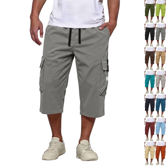 Long Shorts for Men Below Knee Elastic Wasit Cargo Short Pants Lightweight 3/4 Running Hiking Shorts with Pockets,Gray,L