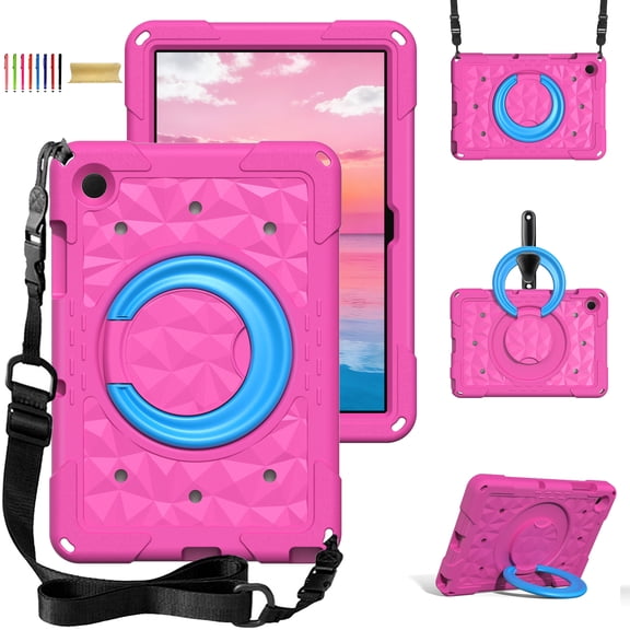 Rugged Case for Samsung Galaxy Tab A11 2025 SM-X230/A9 11 Inch 2023 SM-X210, TPU PC Heavy Duty Protective Cover with 360 Rotating Stand Shoulder Strap for Samsung Tab A11 /A9 Plus,Rose