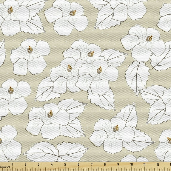 Luau Fabric by the Yard, Drawings of Hibiscus Flowers with Small Polka Dots on the Background, Decorative Upholstery Fabric for Sofas and Home Accents, 10 Yards, Beige White by Ambesonne