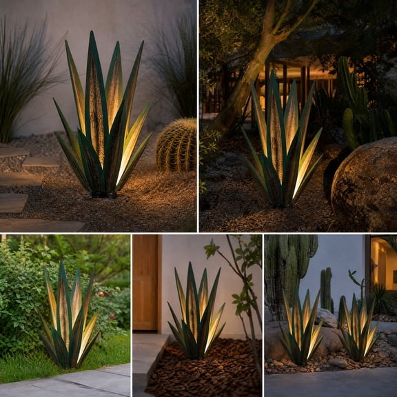 Solar Lights Outdoor Waterproof, 1.8ft Metal Artificial Agave Plant Solar Garden Lights, for Pathway Walkway Yard Lawn Decorative Landscape Lighting, Warm White (Green)