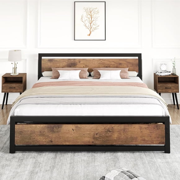 IdealHouse Queen Size Bed Frame with Wood Headboard, Industrial Queen Platform Bed with Heavy Duty Slat Support, 14 inch BedFrame Mattress Foundation No Box Spring Needed