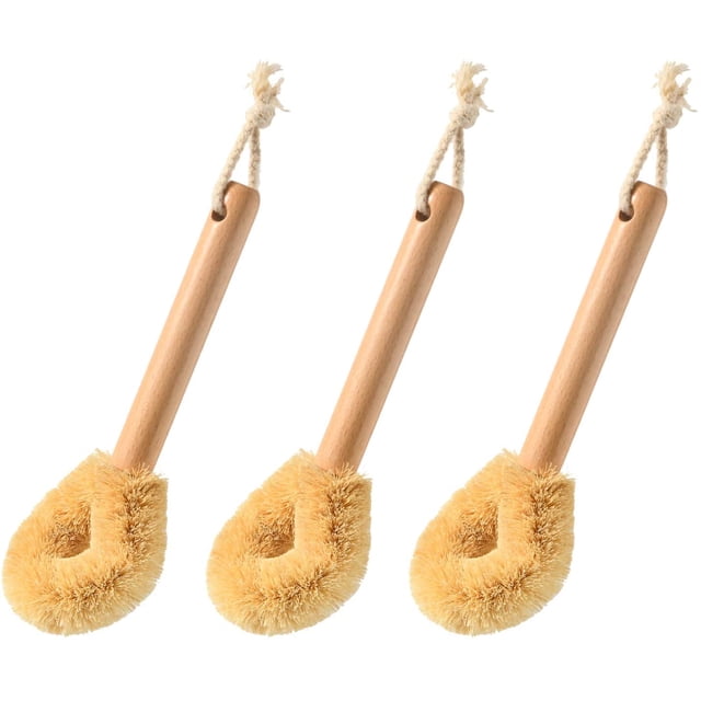 Cepillo para fregar platos y hierro fundido natural, fregador de madera para cocina para limpiar sartenes/ollas, mango de madera de haya y cerdas de coco, respetuoso con el medio ambiente, juego de 3 Zhivalor WRLF-148