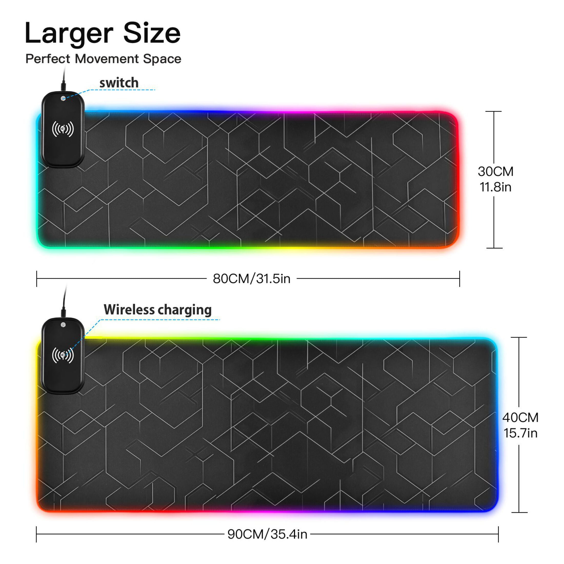 RGB Gaming Mouse Pad 15W Wireless Charging Large Waterproof Desk Mat 13 Light Modes Mousepad 35.4x15.7 Black Simple Geometric Lines