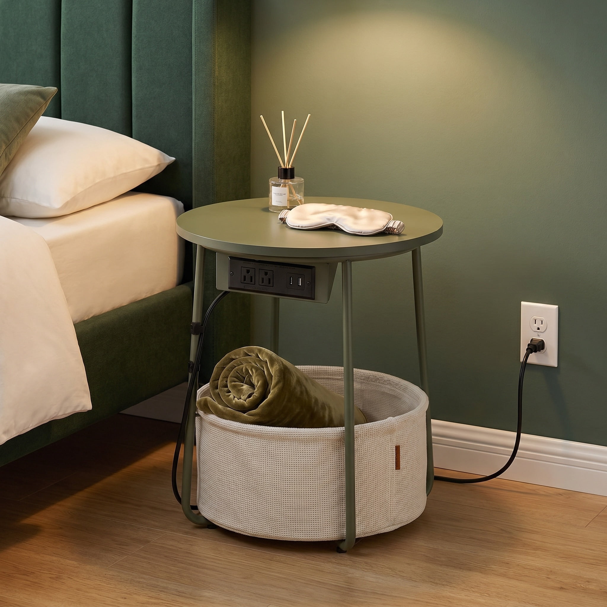 Nordic Hygge 17.7 in. Round Side Table with Charging Station and Storage Basket, Forest Green/Cream White