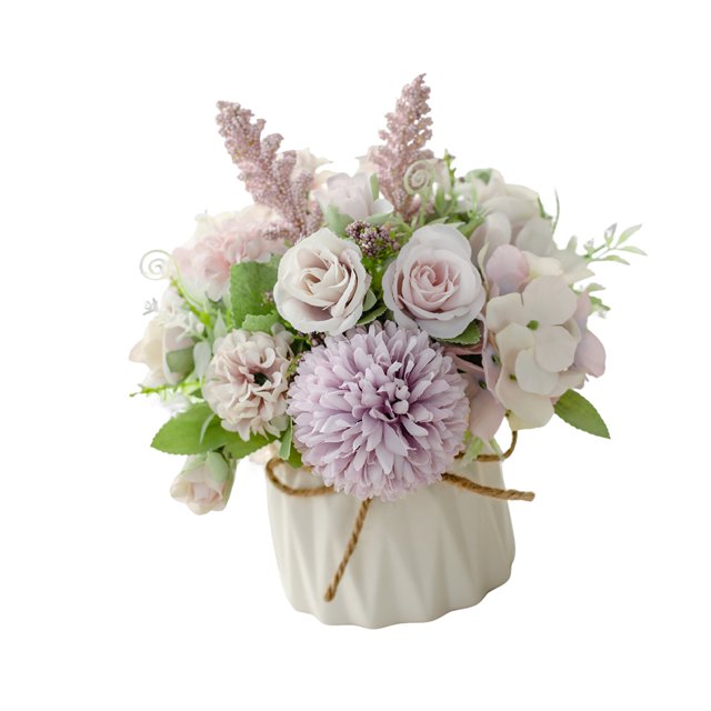 yingyy Artificial Flowers Ceramic Vase Nordic Style Faux Rose Fake Rope Home Decor Planter Container for Wedding Rose purple