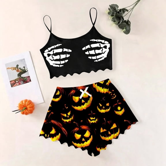 MEZZALL Women Sleeveless Halloween Print Pajama Spaghetti Strap Graphic Crop Cami Tops With Shorts Comfortable Nightwear Home Sleepwear Breathable 2 Piece Pjs