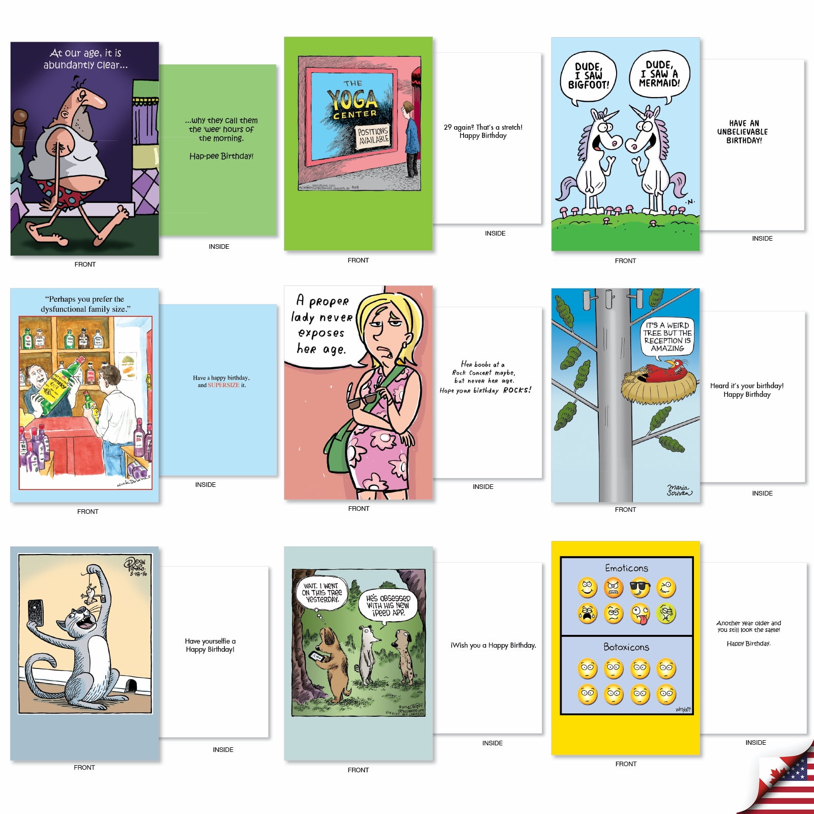 NobleWorks 36 Assorted Set Funny Birthday Greeting Cards w/ 5x7 Envelopes, 36x1 Designs, For Men, Women, Bday Cartoon Party AC9374BDG-B1x36