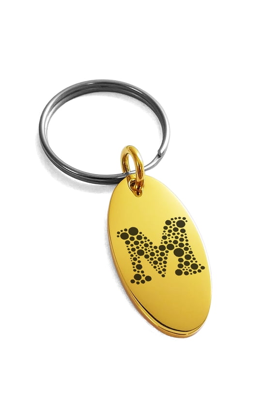 Stainless Steel Letter M Initial Dotted Monogram Engraved Small Oval Charm Keychain Keyring