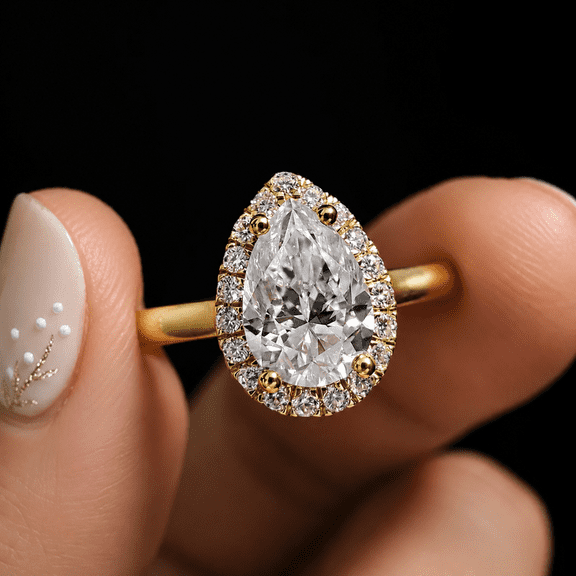 Diiro Pear Cut Moissanite Halo Engagement Ring, Yellow Gold Vermeil Teardrop Diamond Promise Ring, Wedding Anniversary Jewelry Gift