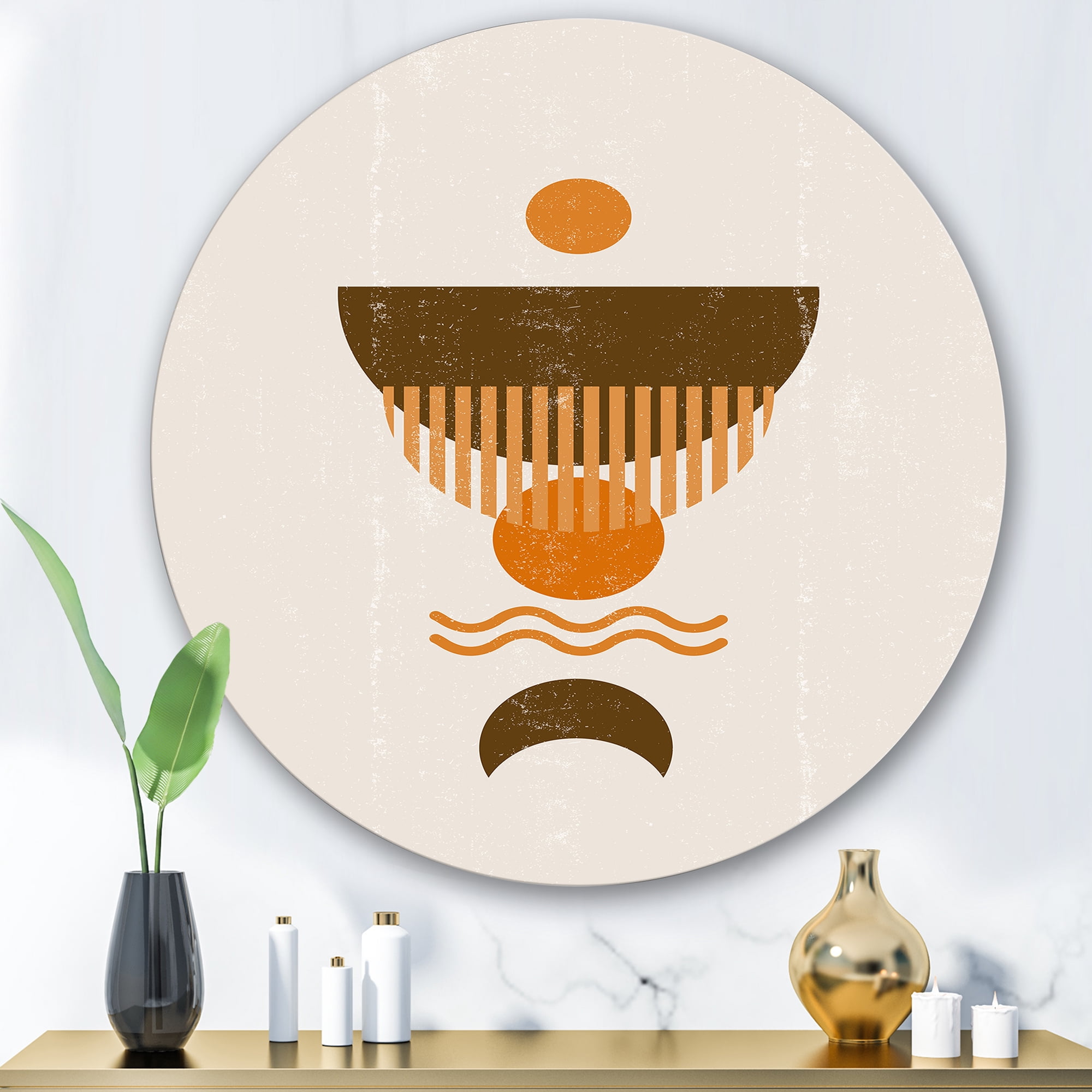 Designart 'Abstract Minimal Brown Moon and Orange Sun' Modern Circle Metal Wall Art 36x36 - Disc of 36