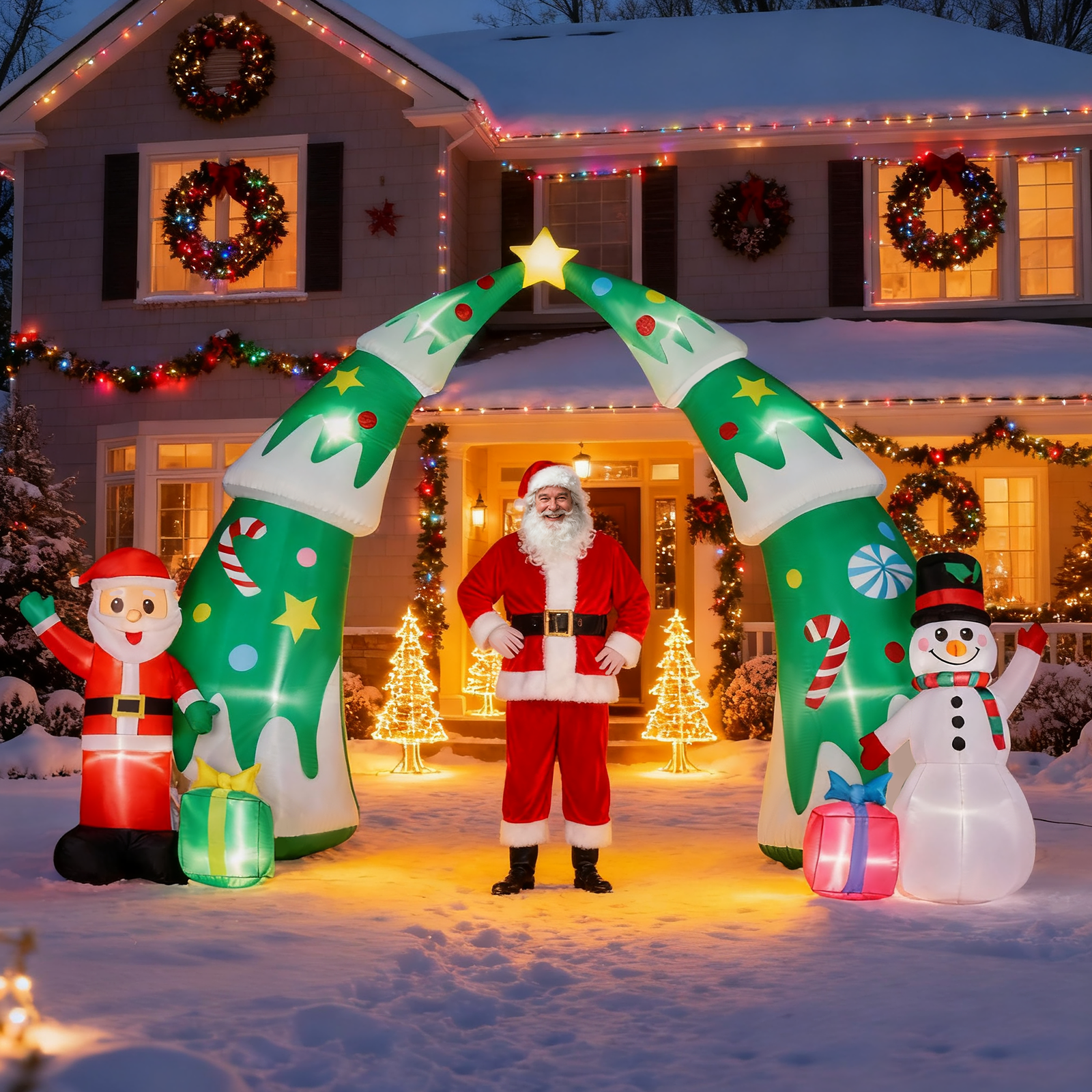 15FT Lighted Christmas Inflatable Archway, Inflatable Christmas Tree Arch with Santa and Snowman, Blow Up Yard Decorations with Built-in LED Lights for Holiday Party Front Yard Lawn Garden Decor