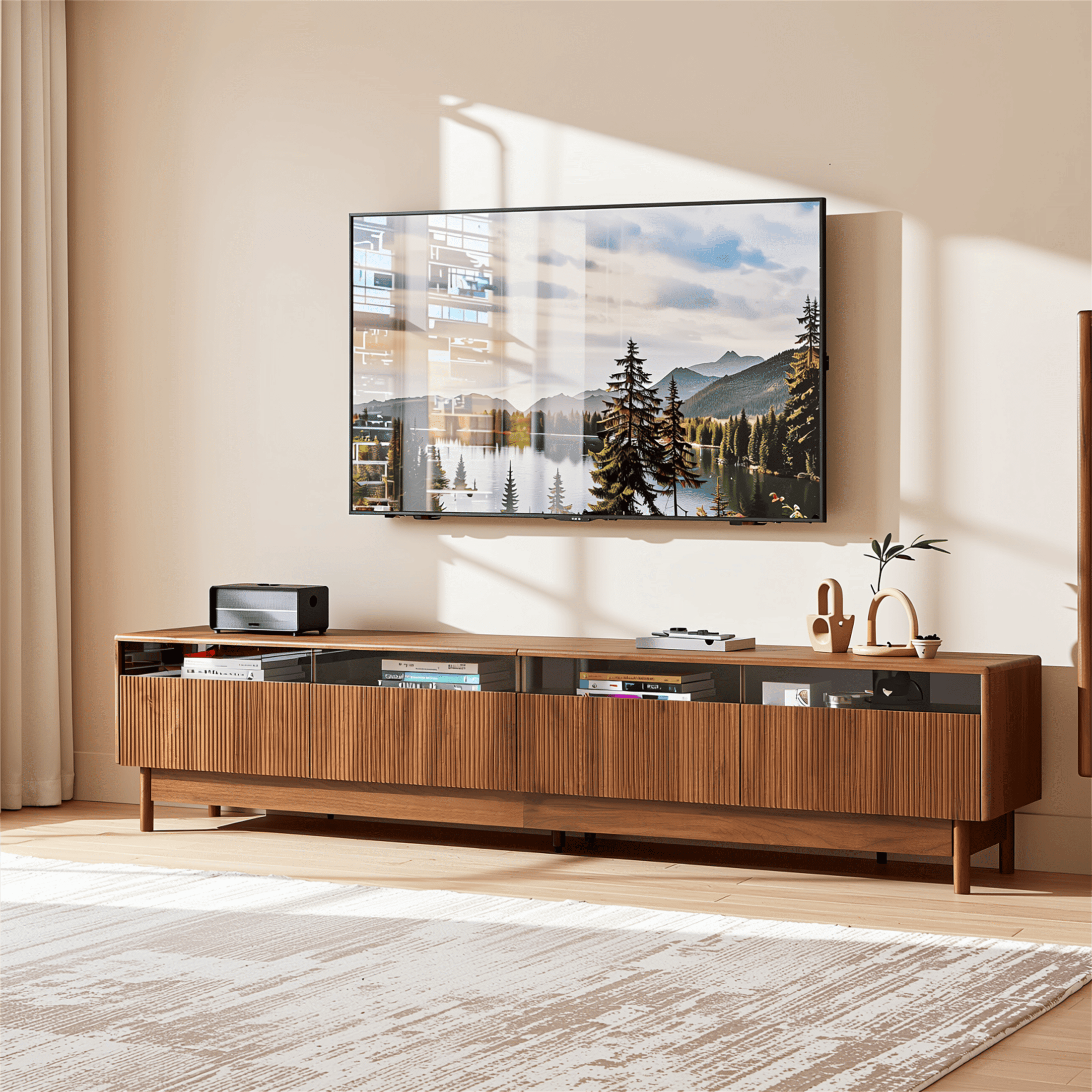 Homy Casa 78.7" Walnut TV Stand for 85" TVs with 4 Fluted Glass-Front Drawers and Cable Management