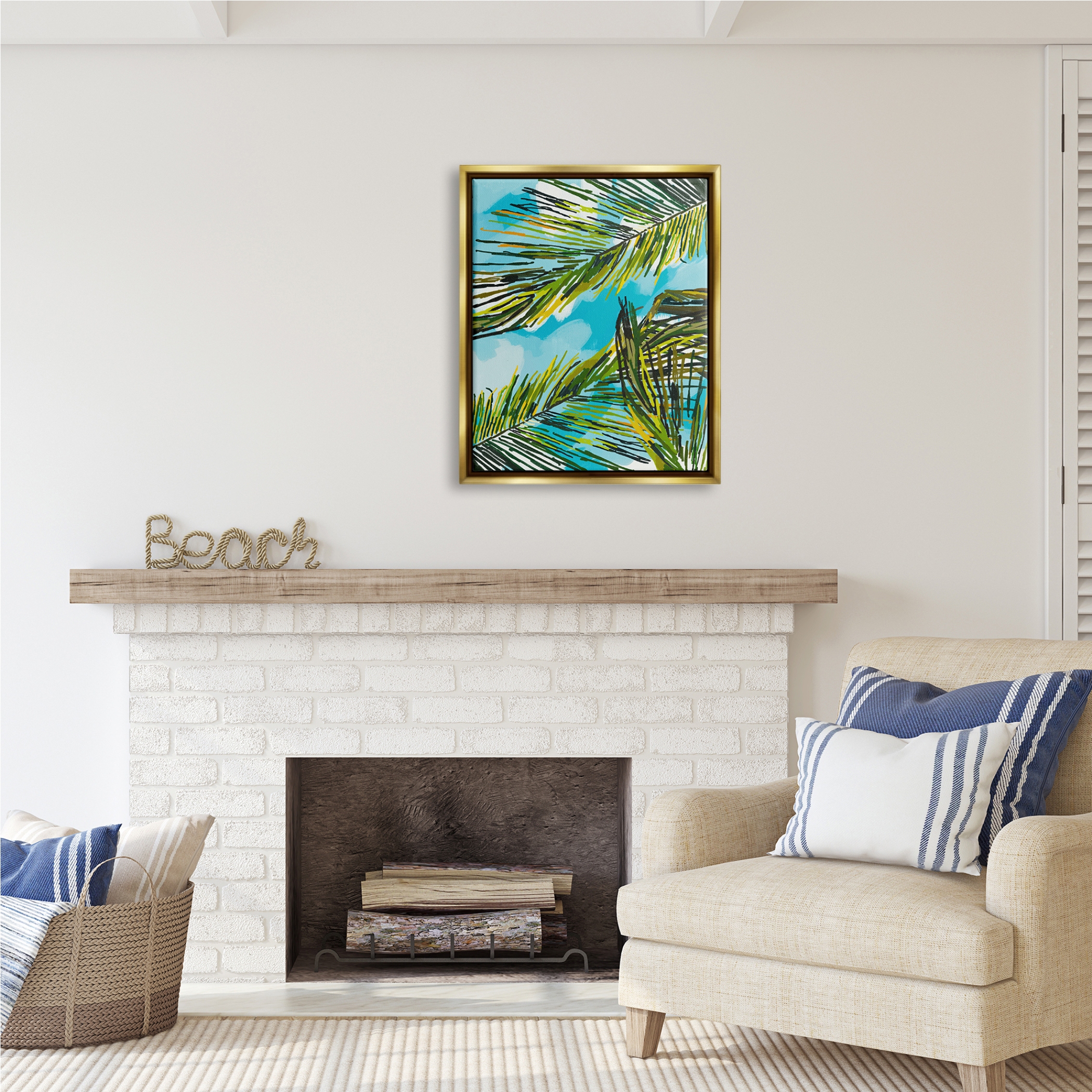 Stupell Industries Palm Leaves Blue Sky Botanical & Floral Painting Gold Floater Framed Art Print Wall Art, 25 x 31