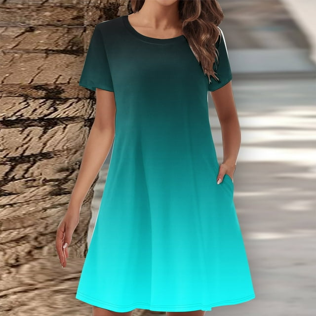 50 % de Réduction! Robes de Soirée pour Femmes, Robe T-Shirt d'Été à Manches Courtes et Col Rond avec Double Poche Dégradée, Bleu, m