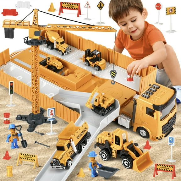 Hot Bee 51PCS Construction Vehicle Playset with Tower Crane, Alloy Truck Set with 6 Die-Cast Cars, 2 Figures & Accessories – Gift Toy for Boys Ages 4-8