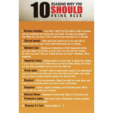 10 Reasons Why You Should Drink Beer Alcohol College Humor Dorm Poster - 24x36