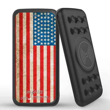 

INFUZE Qi Wireless Portable Charger for Orbic Myra 5G External Battery (12000 mAh 18W Power Delivery USB-C/USB-A Quick Charge 3.0 Ports Suction Cups) with Touchless Tool - Vintage American Flag