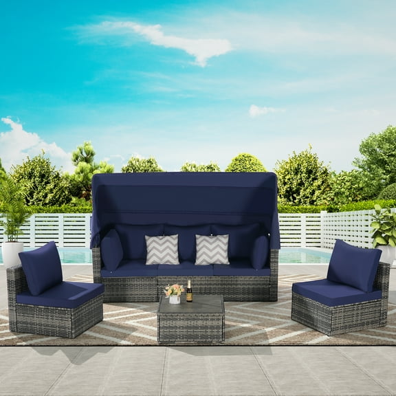 5 Pieces Outdoor Daybed with Retractable Canopy,Patio Wicker Sunbed Furniture Set with Storage Side Table and Sofa Cushions for Backyard, Porch, Garden,Dark Blue