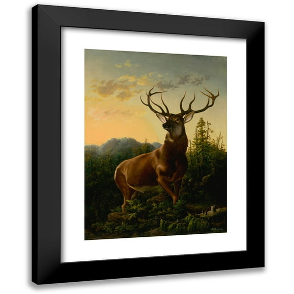 Alexander Brodszky 11x14 Black Modern Framed Museum Art Print Titled - Deer in Forest Landscape (1876)