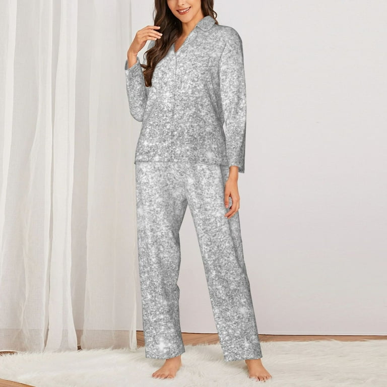 Kll Silver Glitter Print Women S Long Sleeve Pajamas With Pants Sleepwear Loungewear 2 Set Large