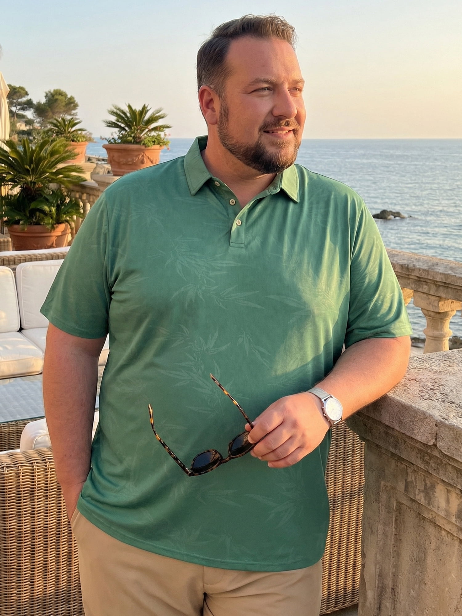 DARING DIVA Men's Big Tall Leaf Printed Short Sleeve Casual Polo Shirts 2XL Green