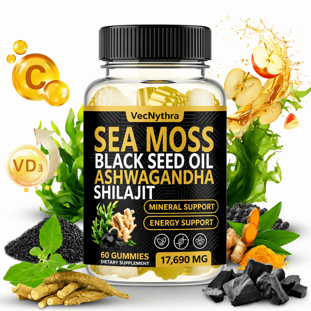VecNythra Sea Moss Black Seed Vitamins Gummies – Ashwagandha Turmeric Shilajit Elderberry – 60 Gummies