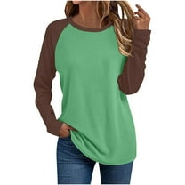 Long Sleeve Shirts for Women Color Block Raglan Tops Crewneck Fall Basic Tees Casual Baseball Tees, M Green