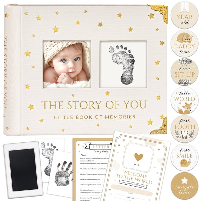 Book Keepsake, Baby Memory Book From Pre-Birth to 5th Year, with 2 Photo Pockets, Milestone Stickers