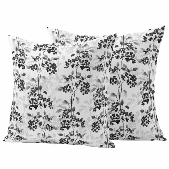 Outdoor Waterproof Pillow Covers Black-gray Fruit Leaves on White Decorative Throw Pillow Protectors,Pillowcase Cushion Cases for Patio Sofa Garden Couch,16x16in,Pack of 2