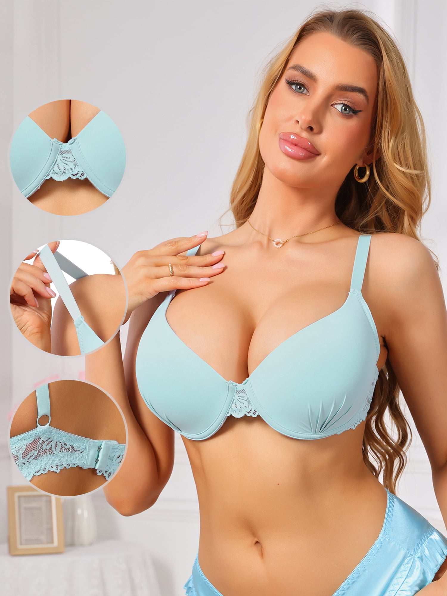 DARING DIVA Women's Plunge Push Up Underwire Lace Adjustable Straps Bra D 36 Blue