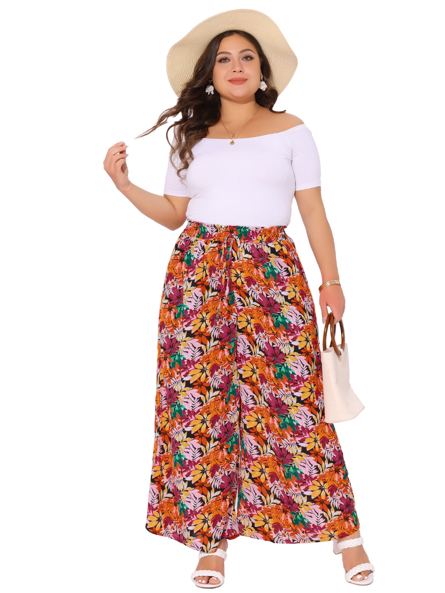 DARING DIVA Women's Plus Boho Floral Palazzo Trousers Pants 1X Black Red
