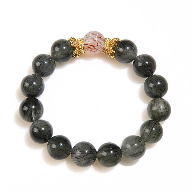 Pulsera de cuarzo rutilado verde natural de 12 mm para mujer