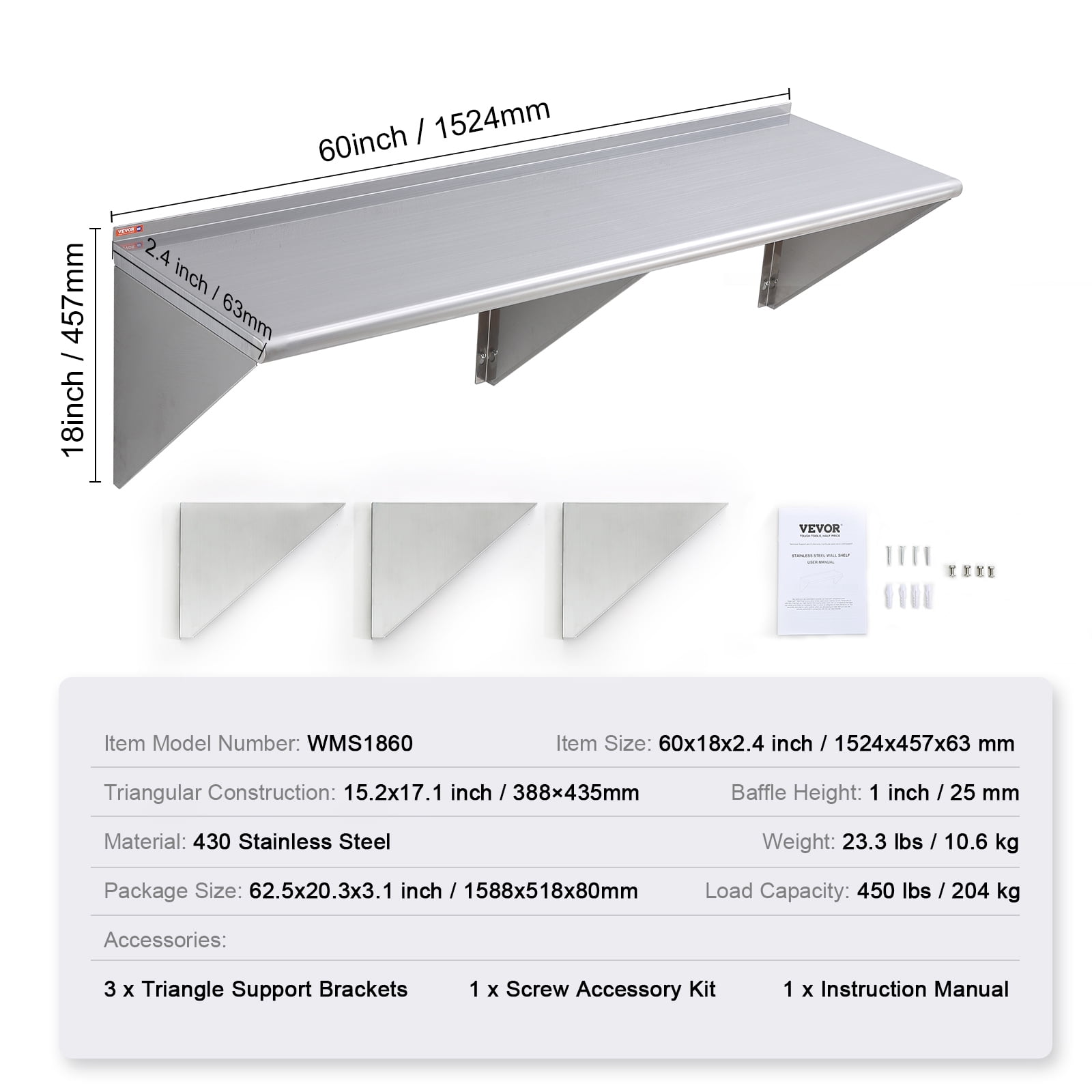 Stainless Steel Wall Mounted Shelf 18 x 60”, , Commercial Wall Shelf/Backsplash Food Service Storage Rack Shelving for Restaurant, Kitchen and Hotel