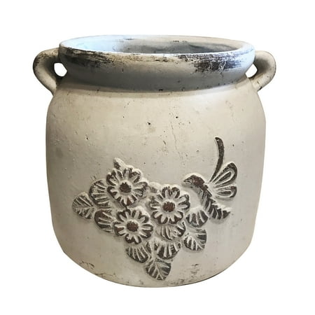 Vintage Flower Planters Heavy Hand Pressed Ancient Stressed Round Flower Pot or Planter with Loop Handles 2 colors available, Vintage white ()