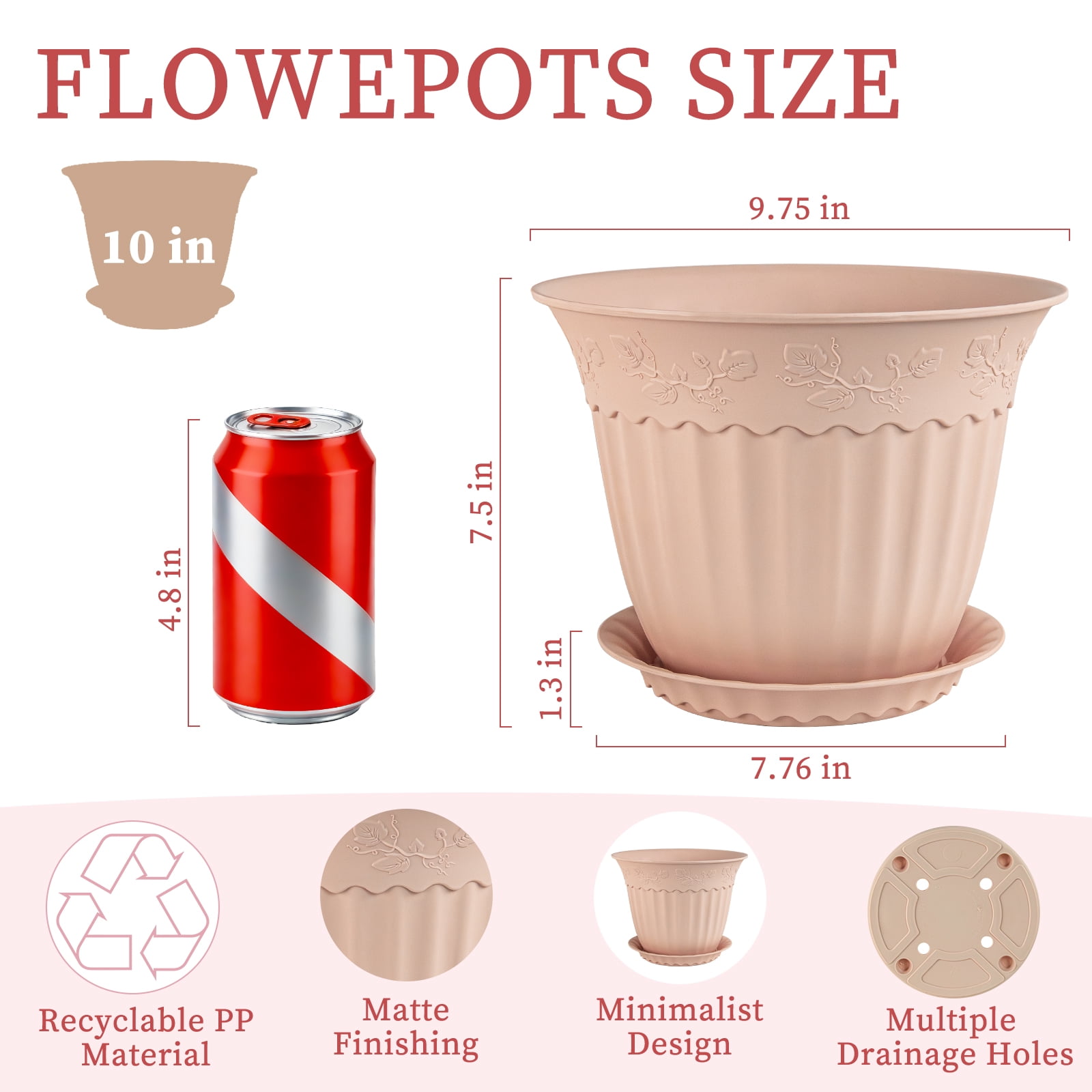 FIASON 6 Pack 10 Inch Pink Embossed Plastic Plant Pots with Vine Patterns, Drainage Holes and Matching Saucers, Decorative Flower Planters for Indoor Outdoor Garden Patio Home Office Decor