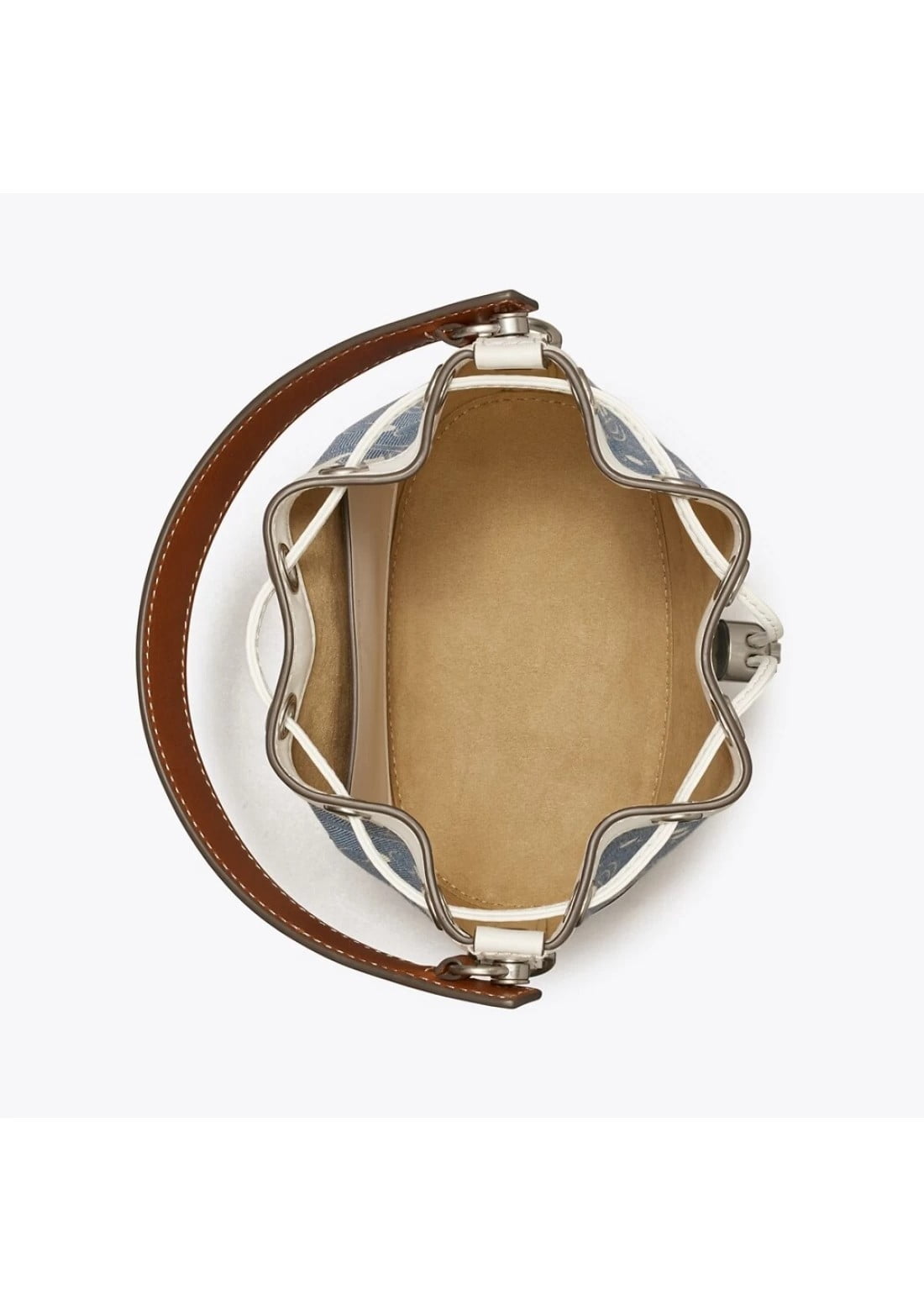 Tory Burch T Monogram 143535 Drawstring Bucket Brown Strap Pearl Blue White Shoulder Bag Purse