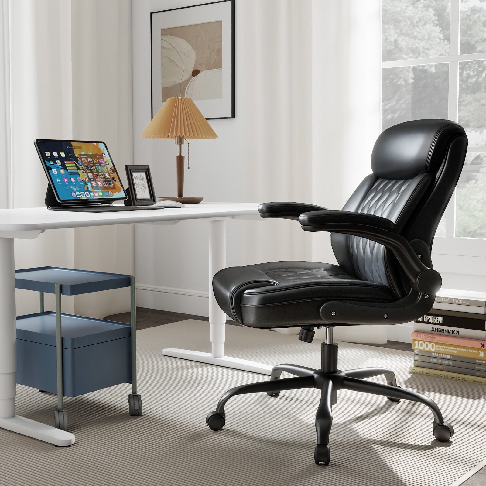 Mid-Back Executive Office Chair, Black PU Leather, Diamond-Stitched, Adjustable Armrests, Lumbar Support, Ergonomic Swivel Desk Chair